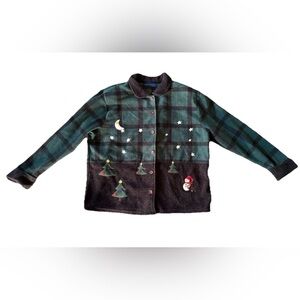 Karen Scott Button Down Fleece Snowman Christmas Tree Plaid Size L Holiday